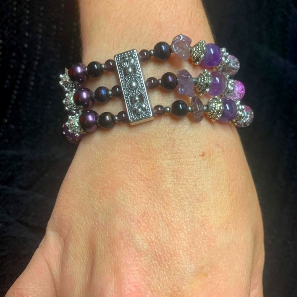 Real Amethyst Triple Banded Boho Bracelet, 7 1/2" - 8 1/2" - Picture 2 of 10